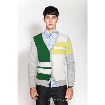 V-Neck Color Block Men Knit 100%Cashmere Cardigan